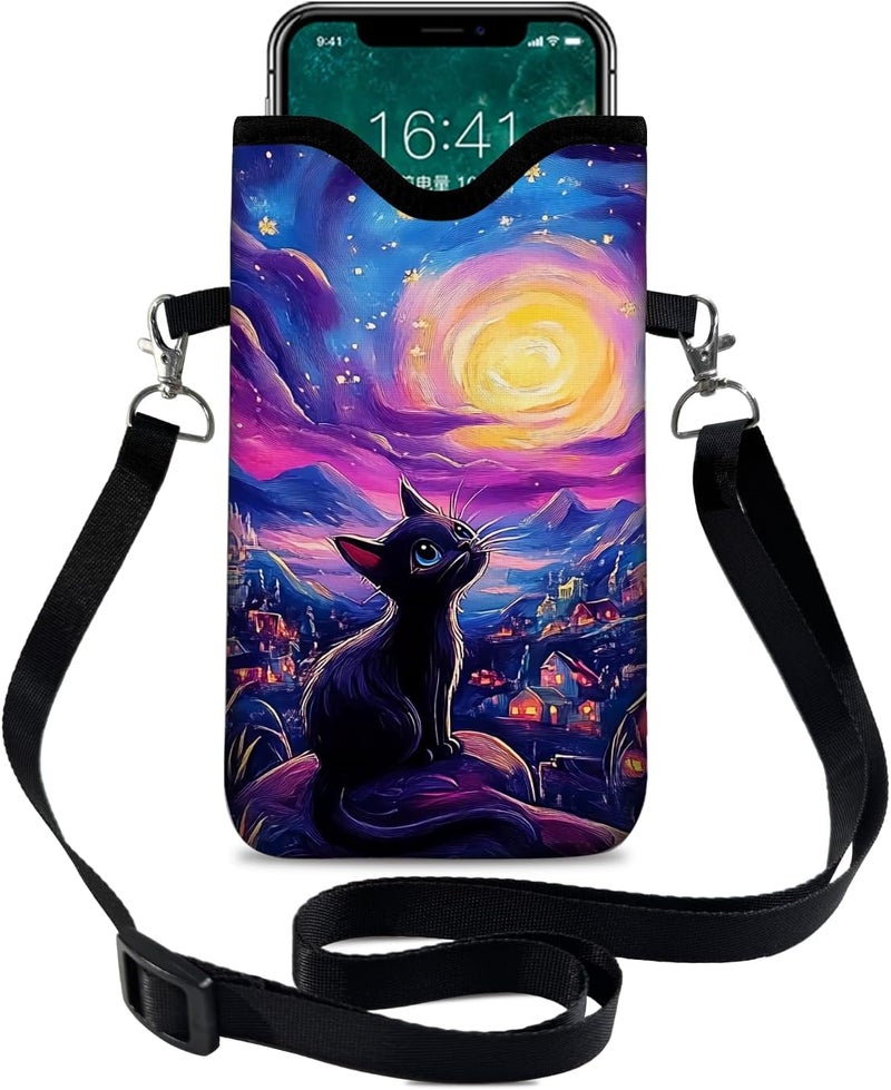 otilil Neoprene Cell Phone Sleeve Pouch Case Bag with Crossbody Strap Neck Lanyard for Women 7.1 X 3.9 in Cat Sky - Image 1
